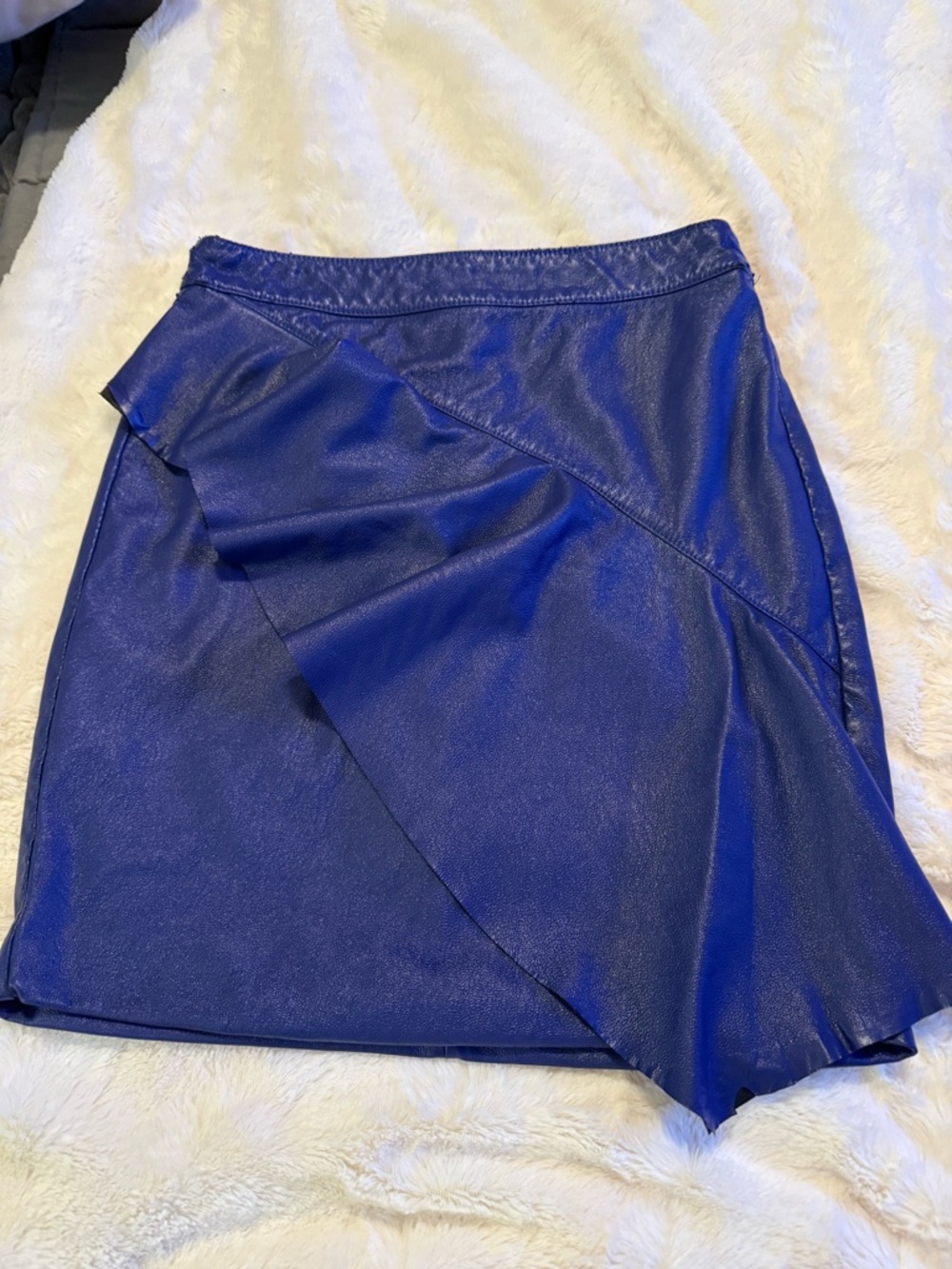 Vintage Guess Electric Blue Faux-Leather Mini Skirt with Ruffle Overlay